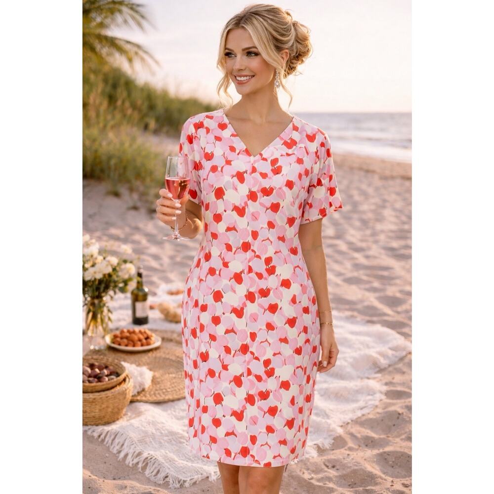 Black Halo Avilla Red Pink Tulip Floral Print Flutter Sleeve Sheath Dress Size 6